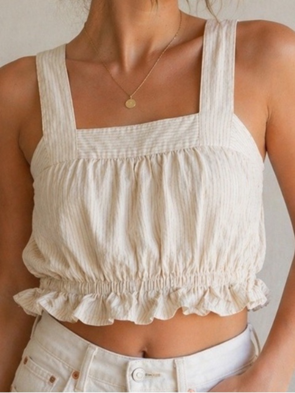 Urban Renewal Remnants Striped Ruffle Hem Cotton Cropped Top